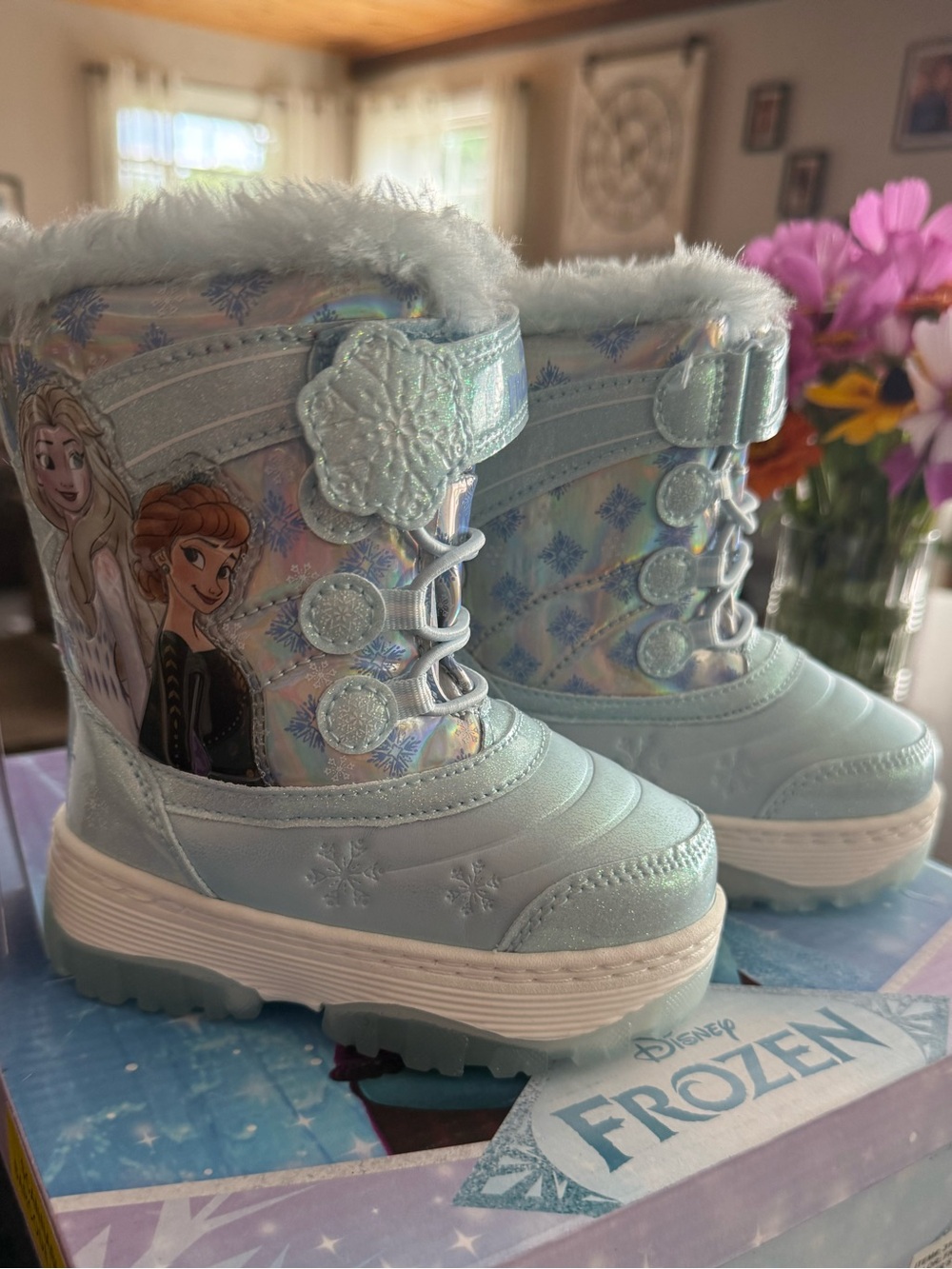 Disney Frozen Light Blue Girls Winter Boots with Elsa & Anna Graphics